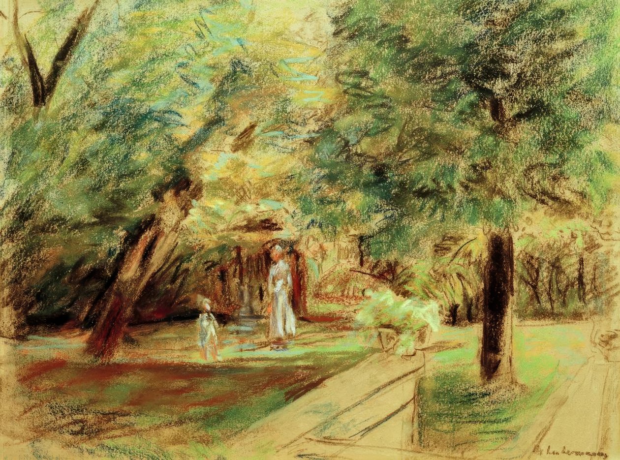 Tyttärentytär lastenhoitajan kanssa pensaspuutarhojen edessä tekijältä Max Liebermann