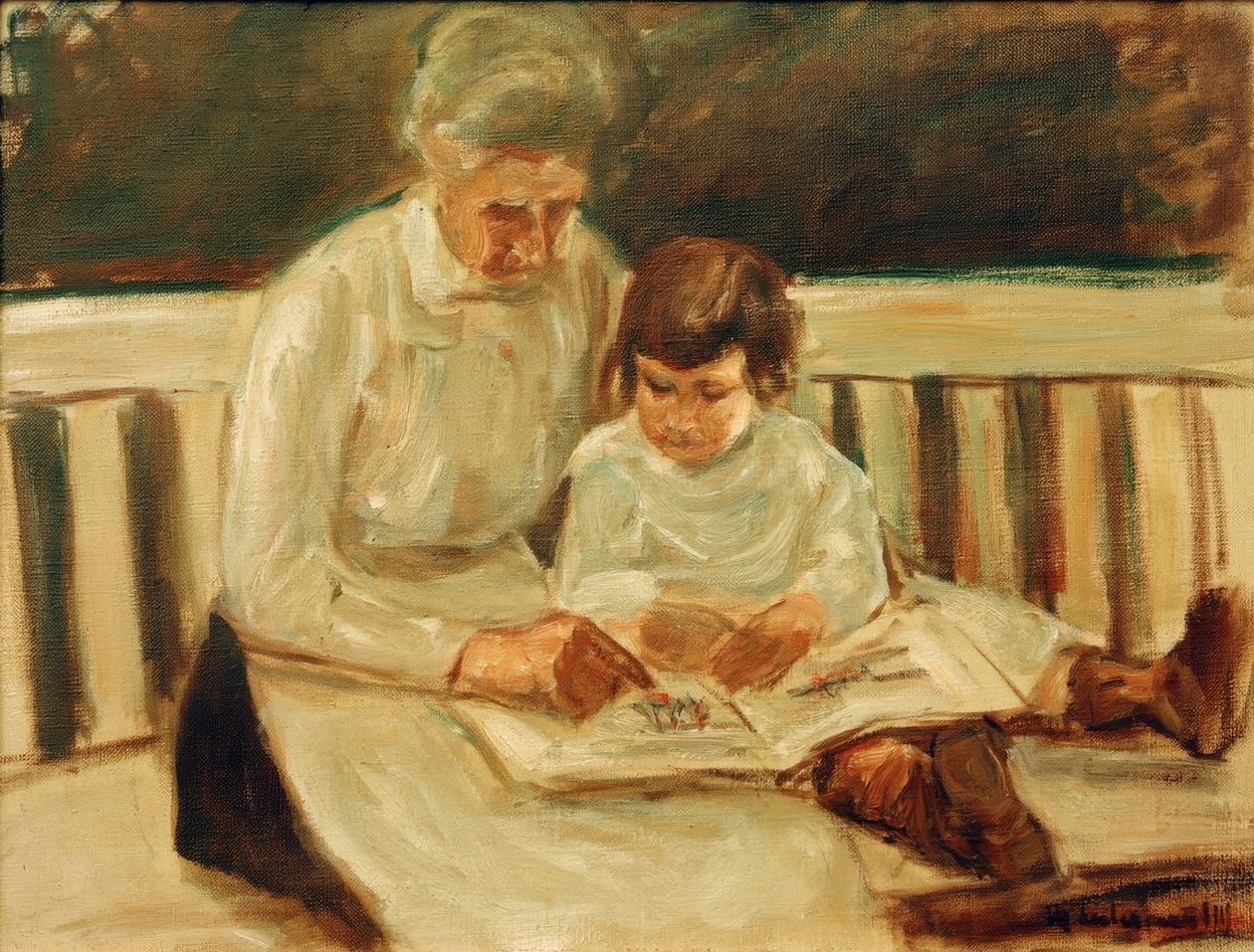 Tyttärentytär ja lastenhoitaja puutarhapenkillä tekijältä Max Liebermann