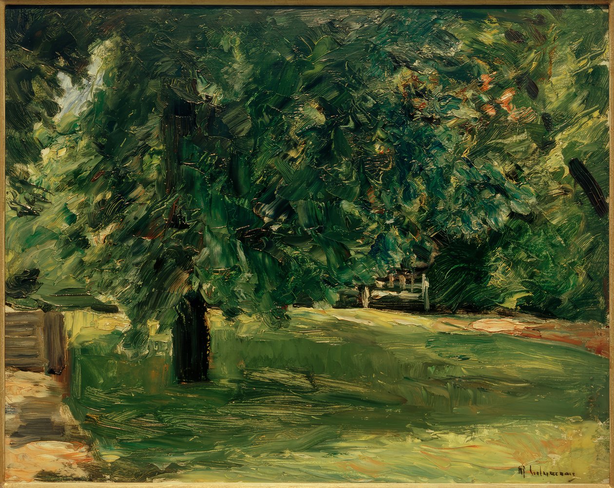 Puutarhapenkki kastanjapuun alla Wannseen puutarhassa tekijältä Max Liebermann
