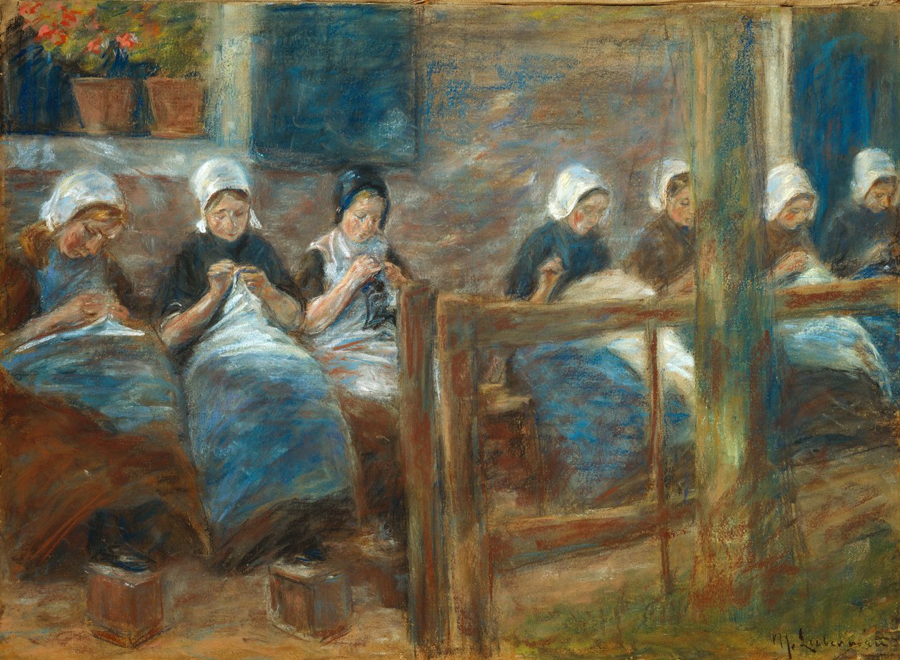 Tytöt ompelevat Huizenissa tekijältä Max Liebermann
