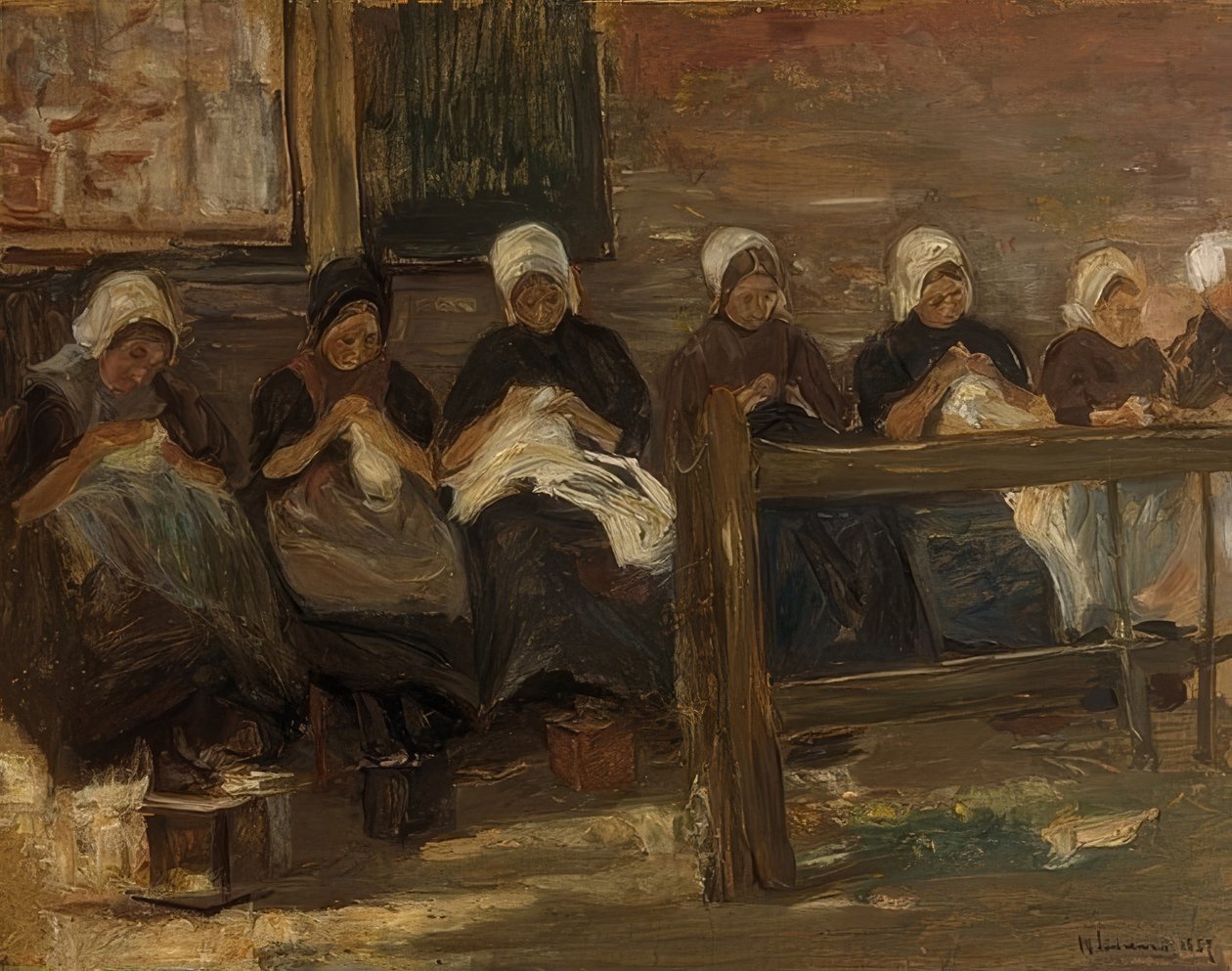 Tyttöjen ompelu Huyzenissa - Opiskelu seitsemällä hahmolla. 1889 tekijältä Max Liebermann