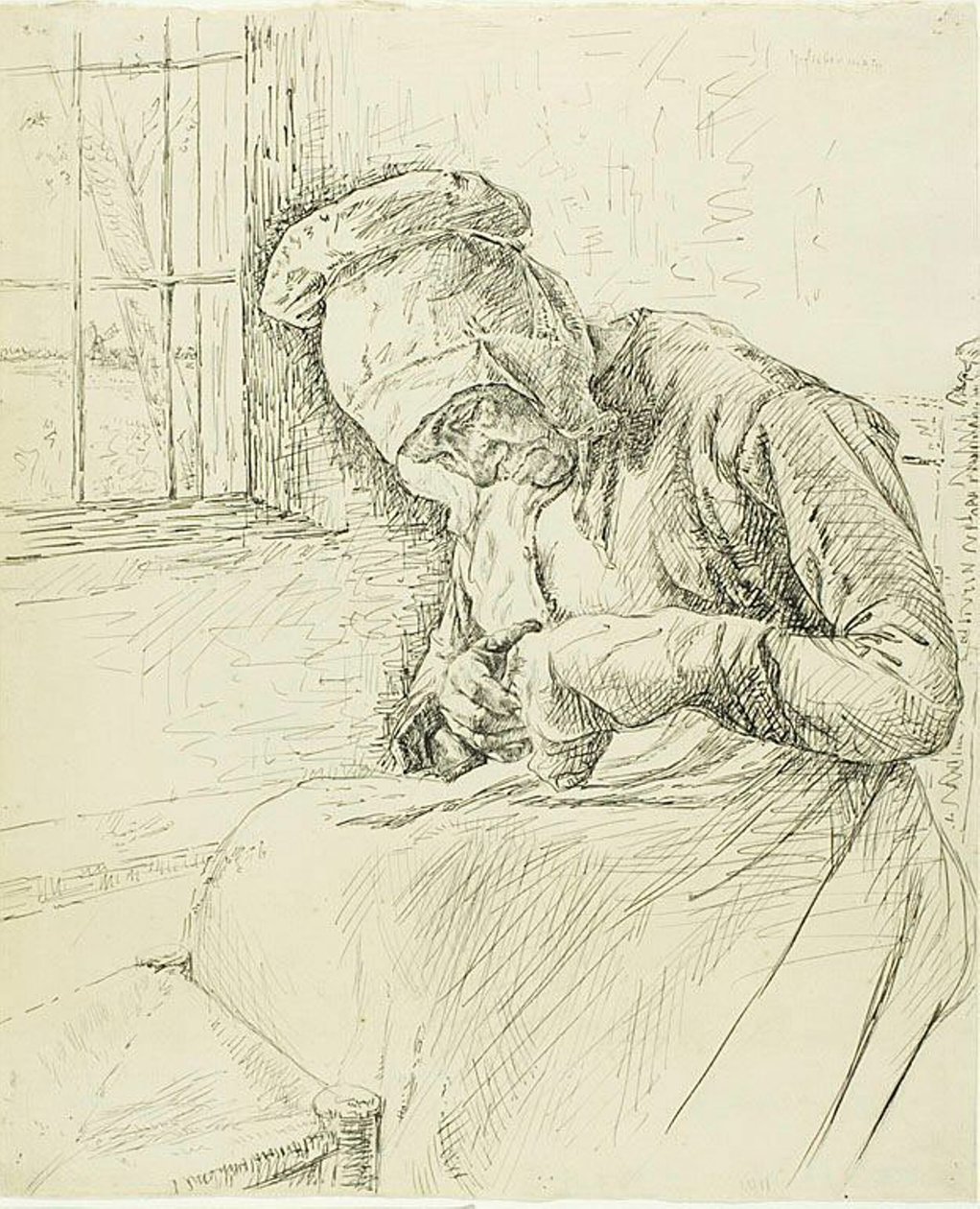 Vanha nainen korjaamassa ikkunassa tekijältä Max Liebermann