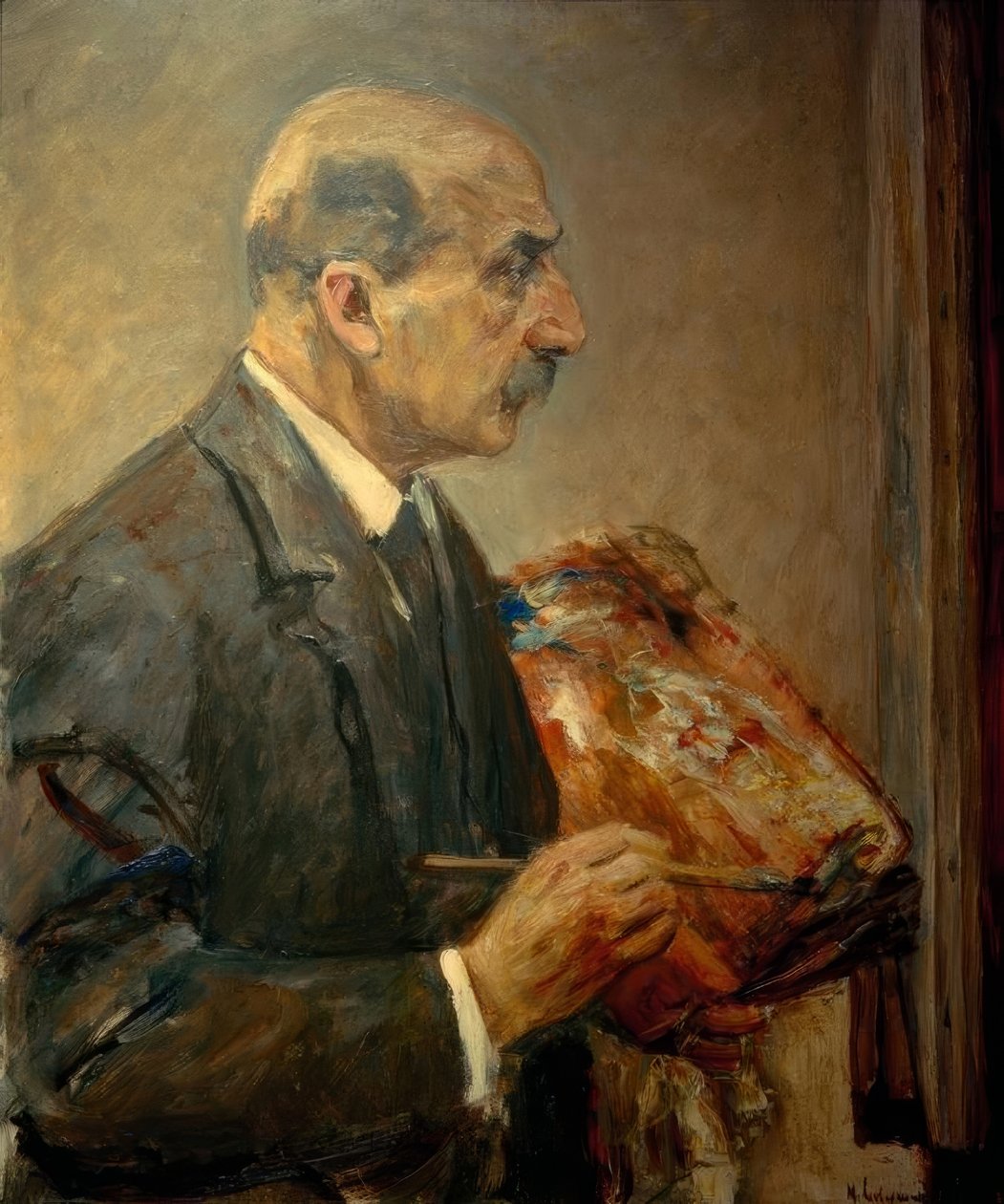 Selbstbildnis mit Palette an der Staffelei, im Profil nach tekijältä Max Liebermann