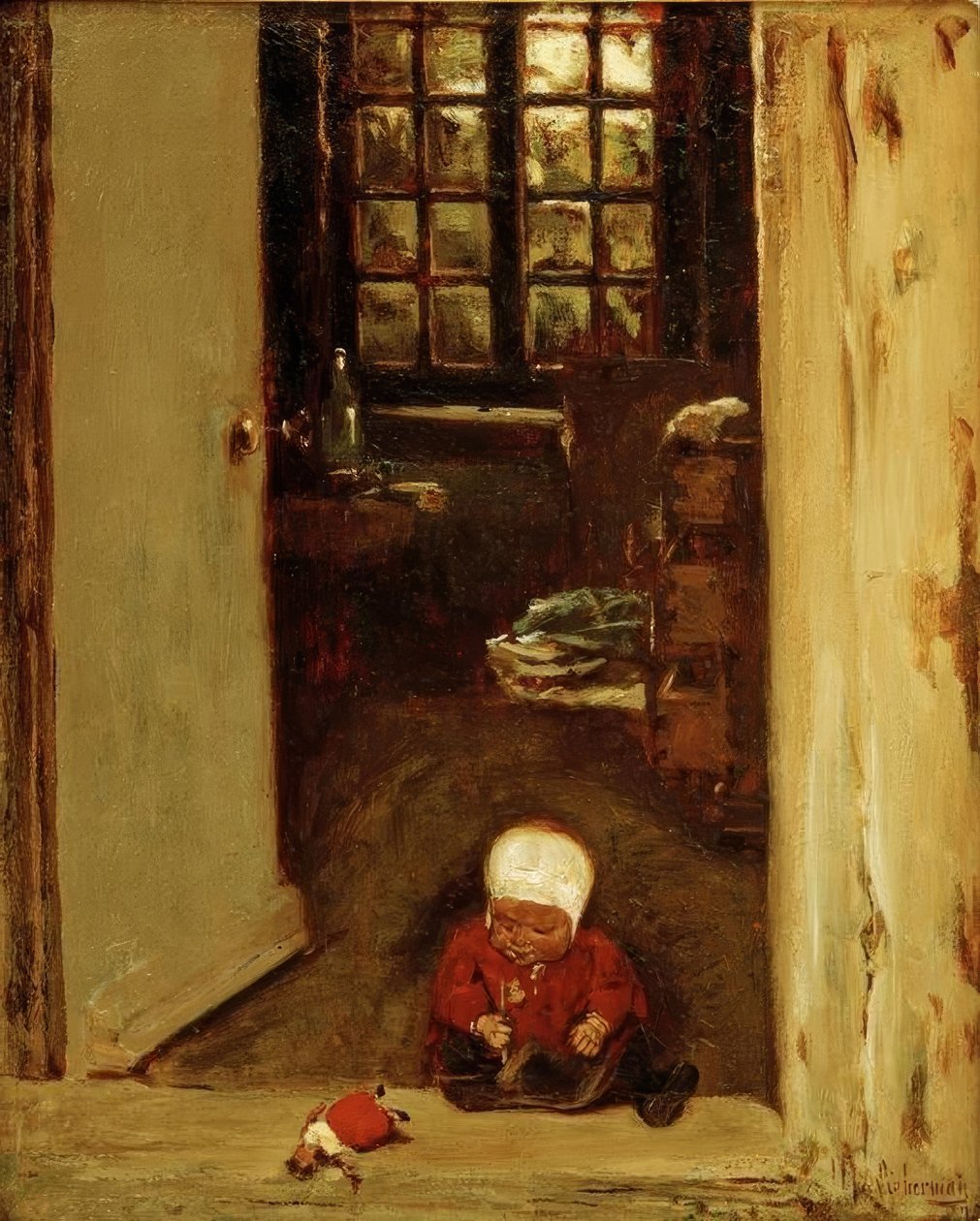 Spielendes Kind in der Haustür tekijältä Max Liebermann