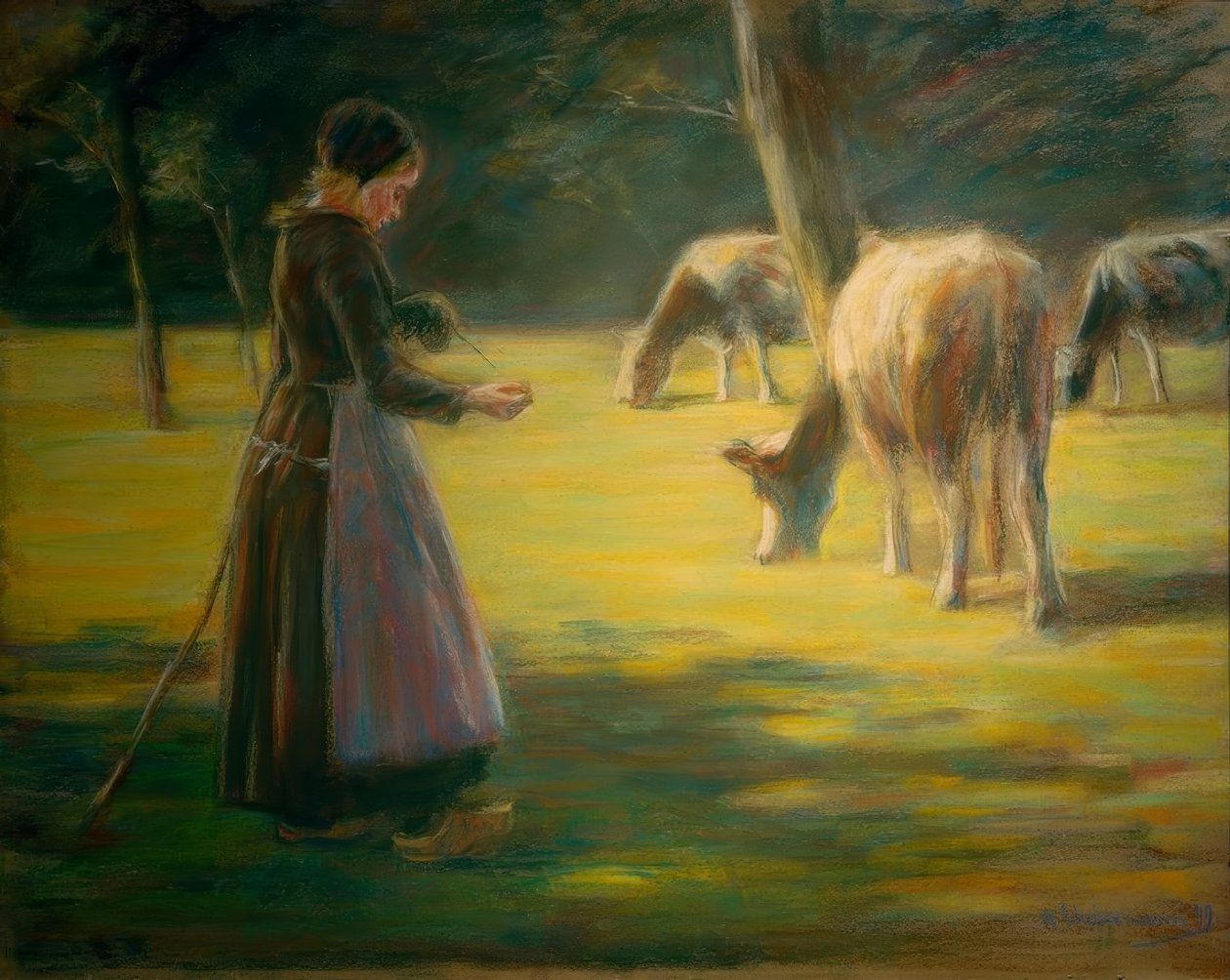 Spinnende Kuhhirtin auf der Weide – Im Sonnenschein tekijältä Max Liebermann