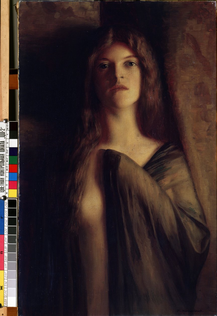Nuoren naisen muotokuva"" (Tytön muotokuva) Nuori tyttö, jolla on surullinen ja synkkä ilme, pukeutunut läpinäkyvään hunnuun. Max Nonnenbruch (1857-1922) maalaus (uusi taide) Öljy kankaalle. Mikalojus Konstantinas Ciurlionisin taidemuseo, Kaun tekijältä Max Nonnenbruch