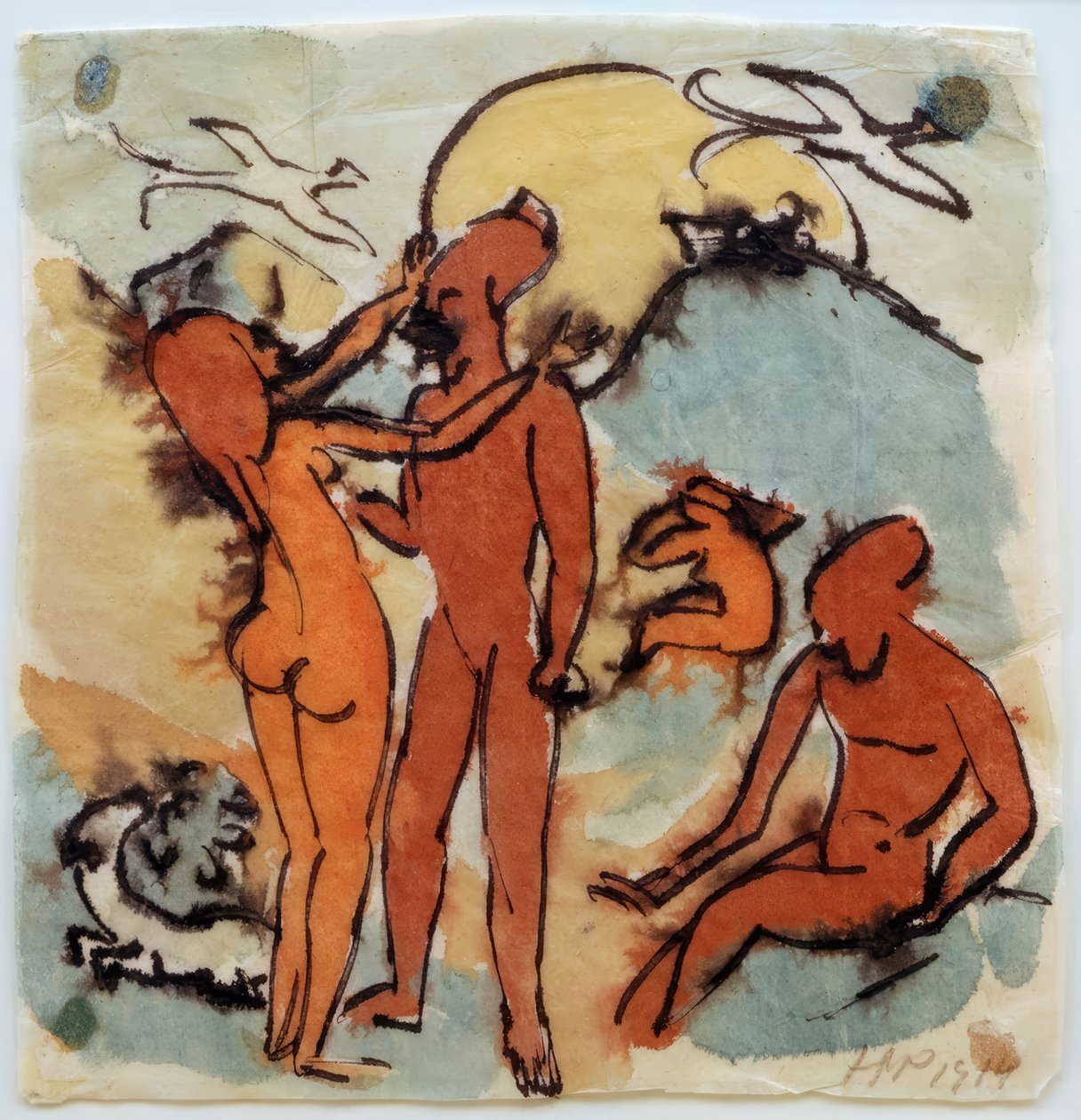 Uimakohtaus, jossa esiintyy ruorimieslintuja tekijältä Max Pechstein