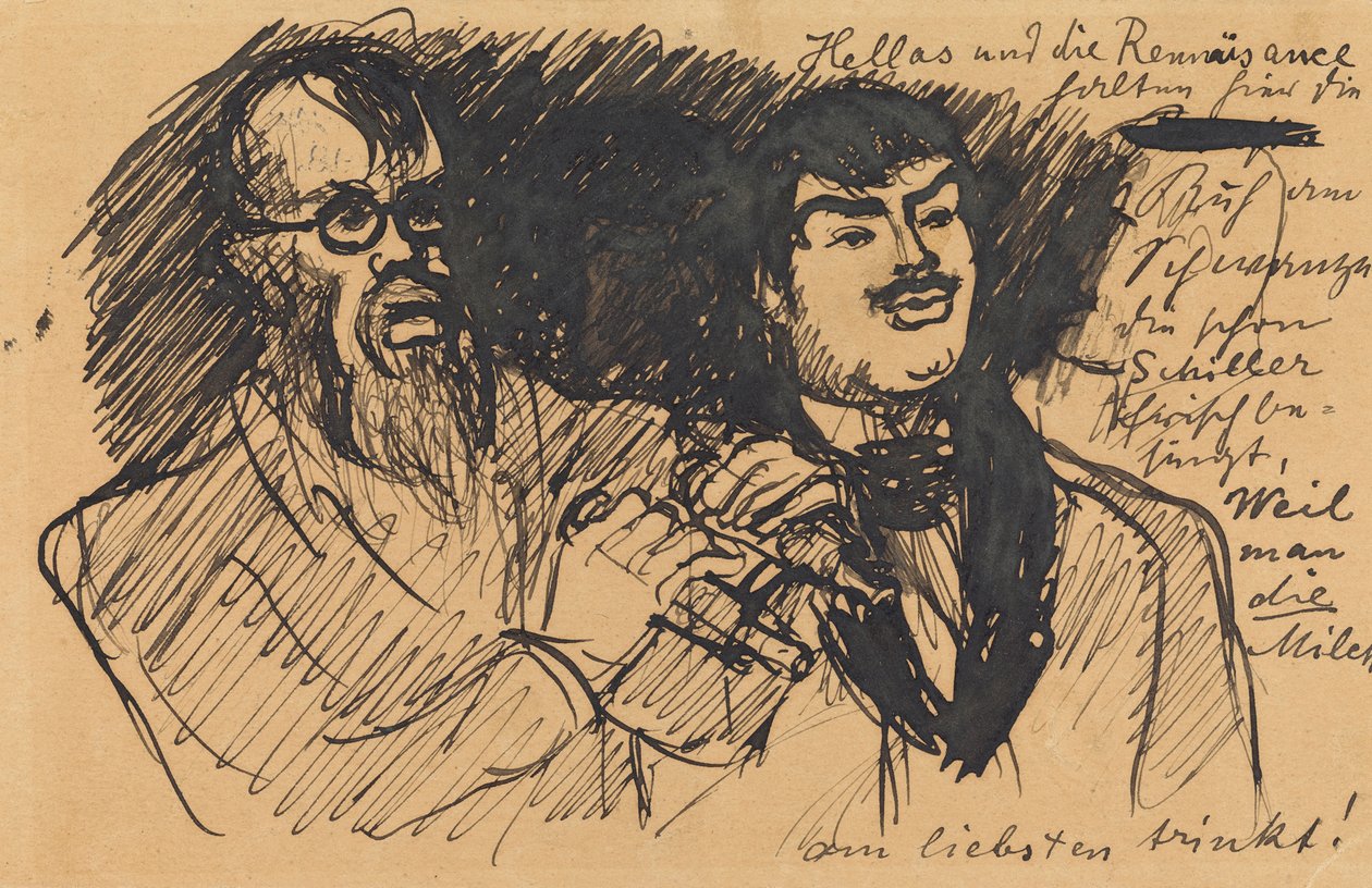 Drei Lenbach-Karikaturen: a) Brustbild; b) Ganzfigur; c) zusammen mit Stuck tekijältä Max Slevogt