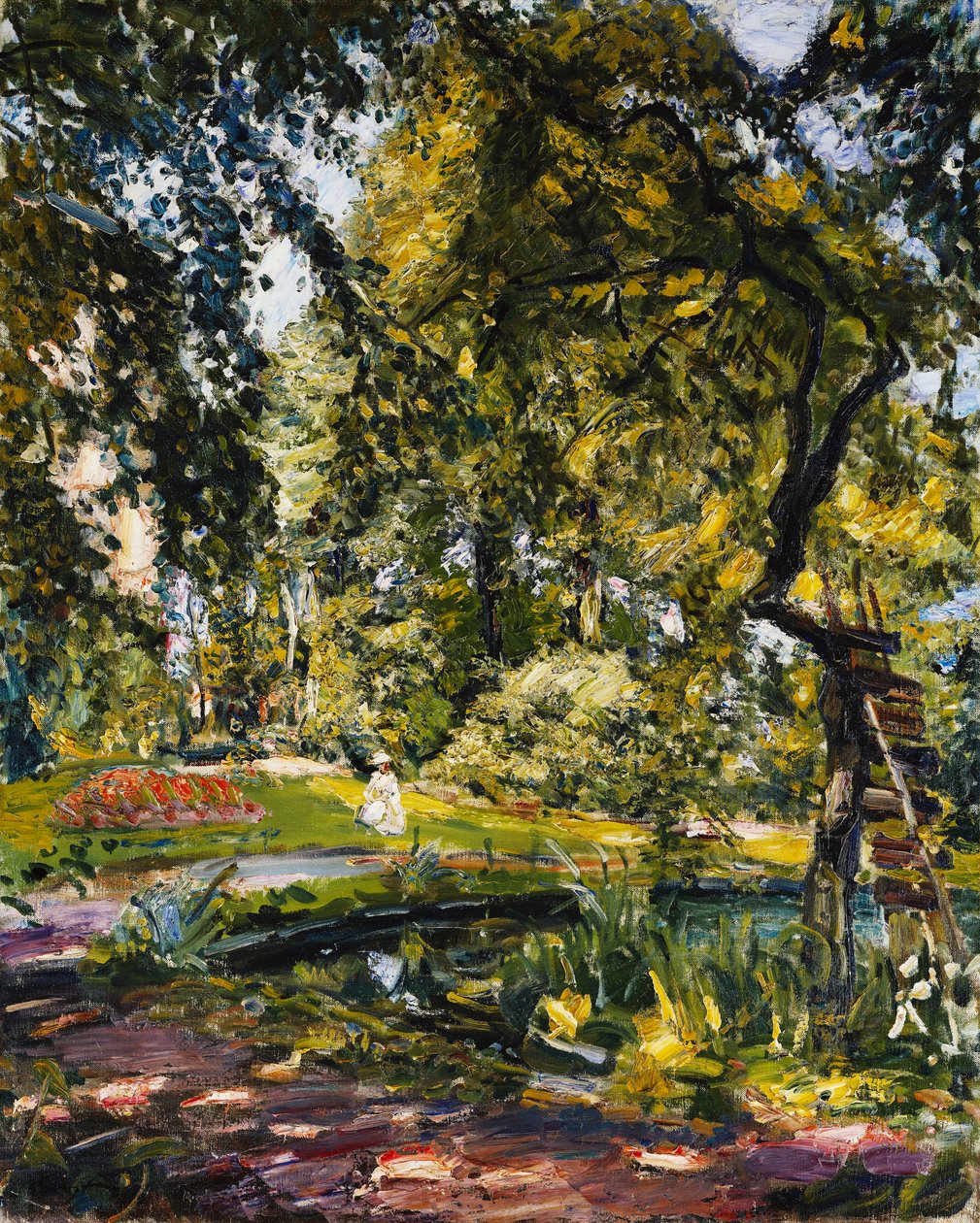 Puutarha Godrammsteinissa, jossa on kierretty puu ja lampi; Puutarha Godrammsteinissa, umpeenkasvanut puu ja lampi, 1910 tekijältä Max Slevogt