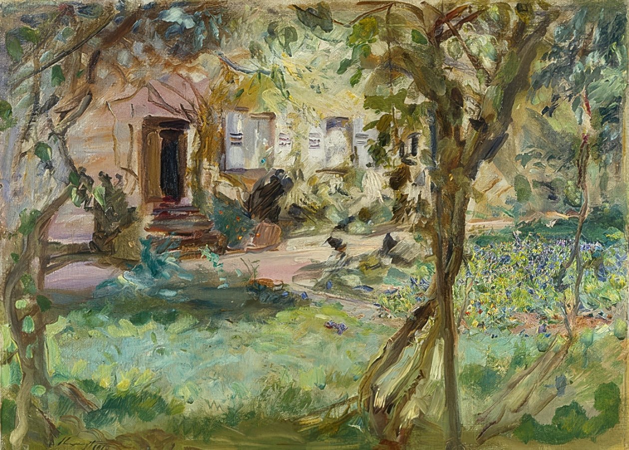 Puutarha, jossa orvokkisänky. 1914 tekijältä Max Slevogt