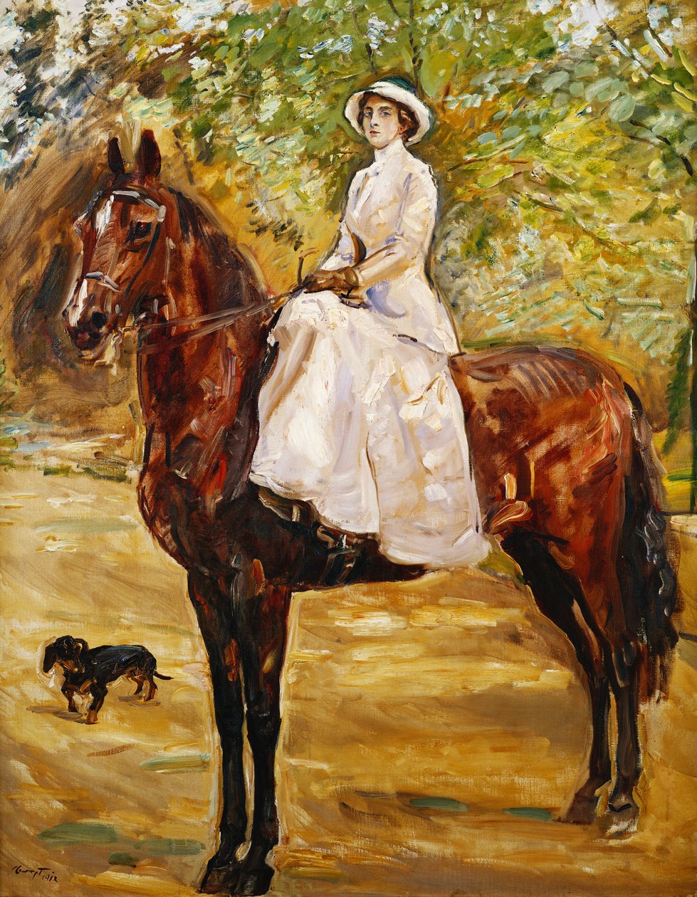 Valkoinen nainen ratsastaa hevosella; Nainen valkoisessa ratsastusmekossa hevosen selässä, 1910 tekijältä Max Slevogt