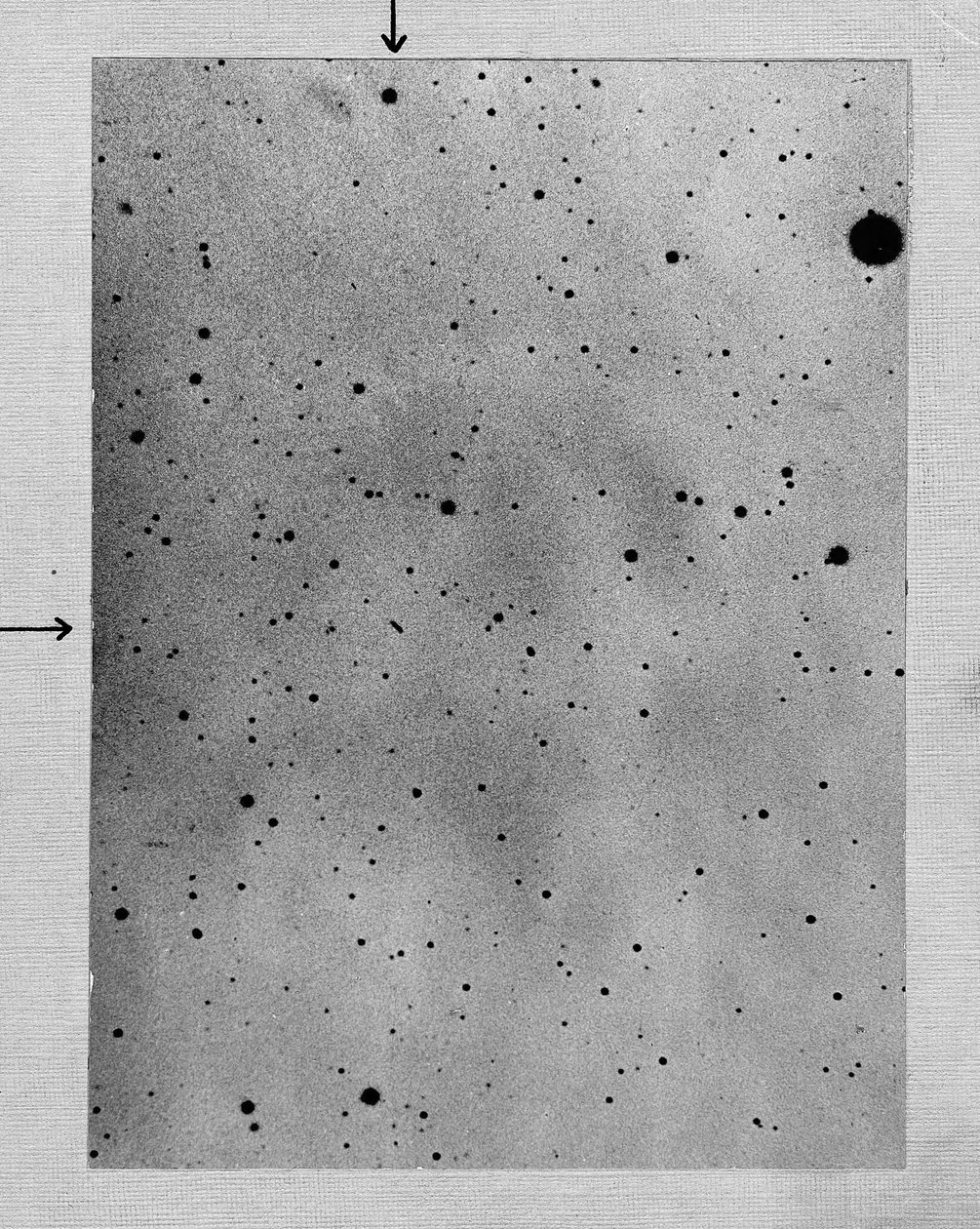 Pitkä valotus tähtikentästä, jossa näkyy Sapphon asteroidi tähtien pisteitä vastaan, 1892 tekijältä Max Wolf