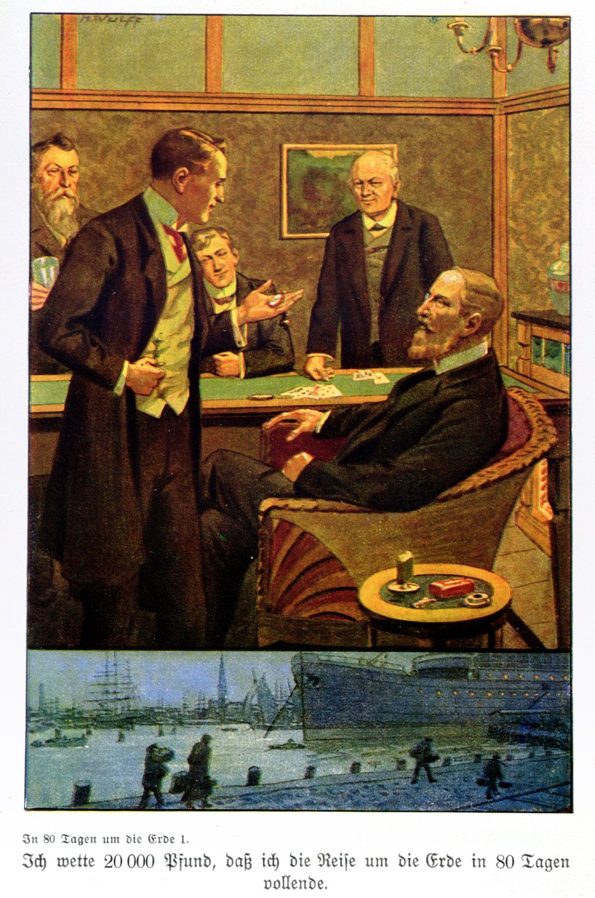 Phileas Fogg vetoaa Reform Clubiin, että hän voi matkustaa maailman ympäri 80 päivässä, esimerkki Berliinissä julkaistusta painoksesta. tekijältä Max Wulff