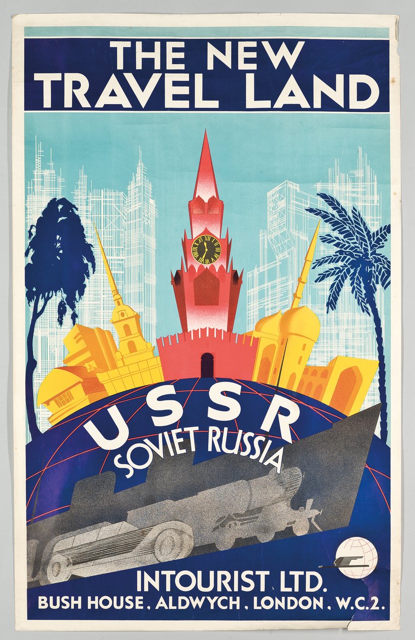 Juliste, joka mainostaa matkaa Neuvosto-Venäjälle venäläisen Intourist-matkatoimiston kanssa, c. 1930 (väri litho) tekijältä Max and Fedor Robert (fl.1930) Litvak
