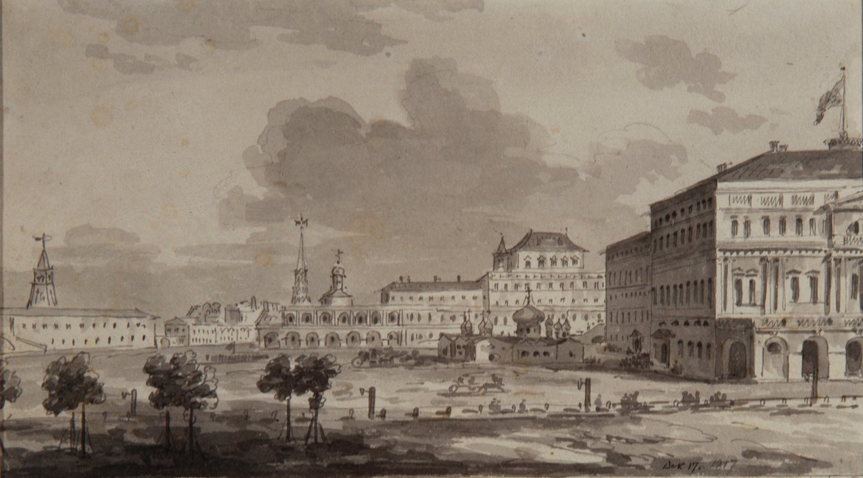Moskovan Kreml ennen Suuren Kremlin palatsin rakentamista, 1817 tekijältä Maxim Nikiphorovich Vorobyev