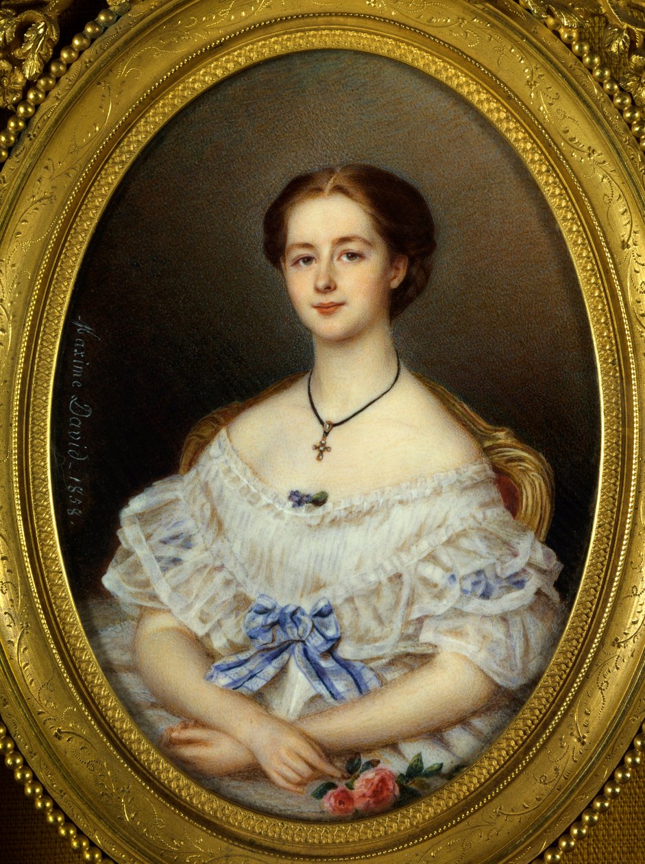 Naisen muotokuva sinisellä nauhalla Maxime Davidin maalaus (1800-luku) 1858 Paris, Decorative Arts. tekijältä Maxime David