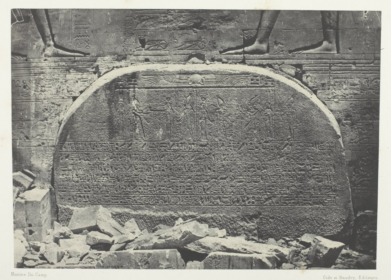 Isiksen suuri temppeli Philoessa, Proscynema (palvontatapahtuma); Nubia, levy 75 albumista "Egypte, Nubie, Palestine et Syrie" (1852). tekijältä Maxime Du Camp