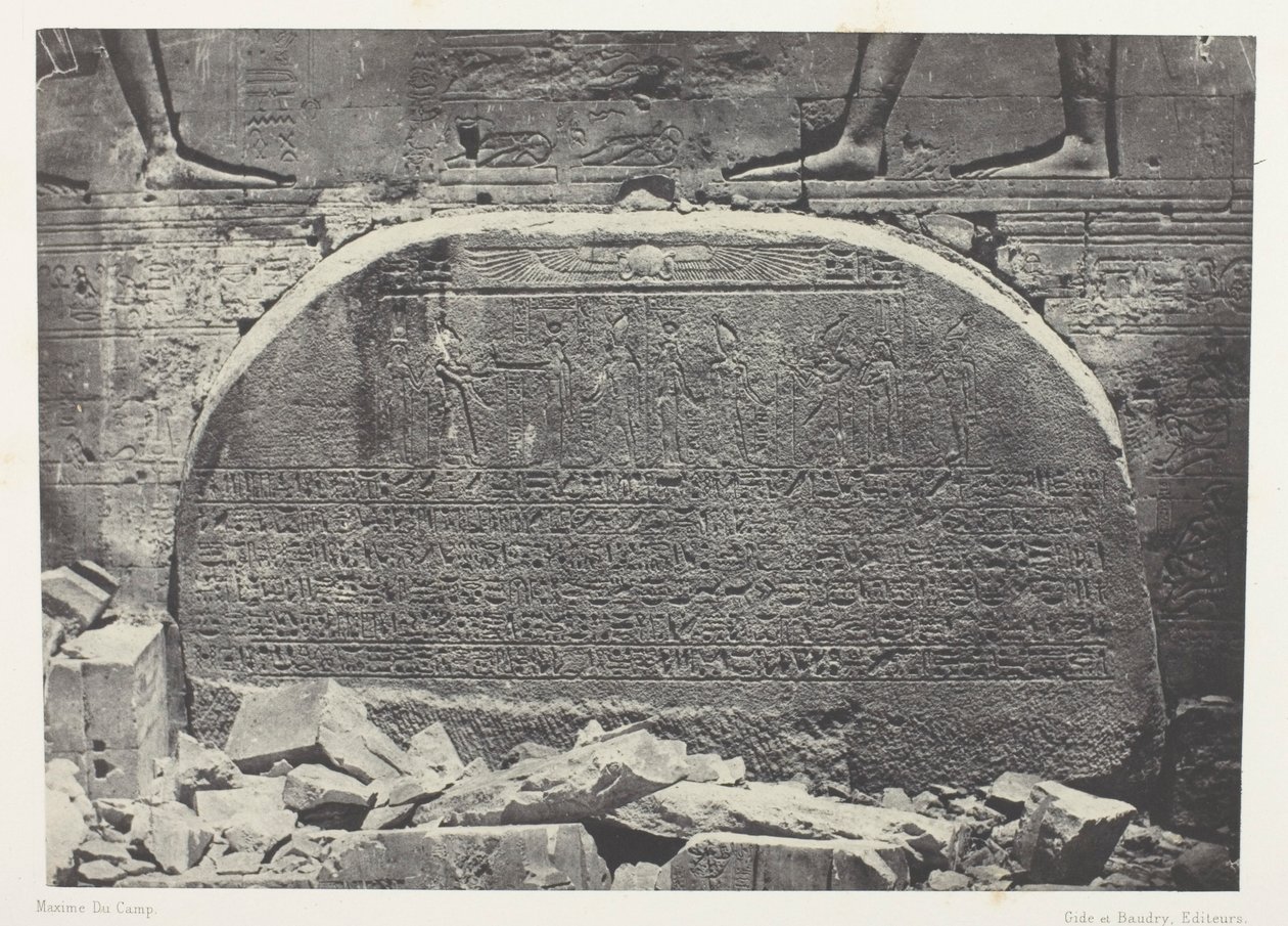Isiksen suuri temppeli Philoessa, Proscynema (palvontatapahtuma); Nubia, levy 75 albumista "Egypte, Nubie, Palestine et Syrie" (1852). tekijältä Maxime Du Camp