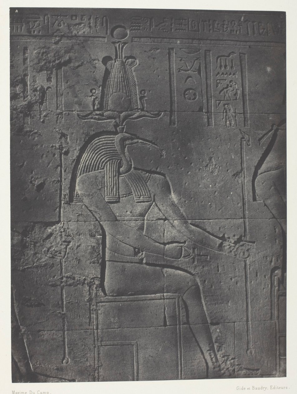 Isiksen suuri temppeli Philoessa, Tôth Ibiocéphale; Nubia, levy 79 albumista "Egypte, Nubie, Palestine et Syrie" (1852). tekijältä Maxime Du Camp