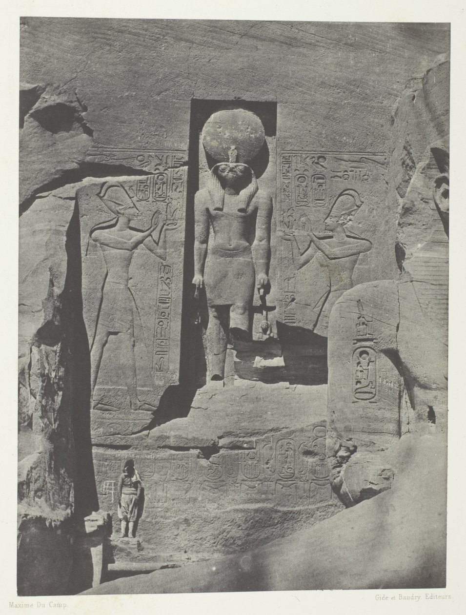 Ibsamboul, veistoksia Phrèn Spéosin sisäänkäynniltä, Nubia, levy 105 albumista "Egypte, Nubie, Palestine et Syrie" (1852). tekijältä Maxime Du Camp
