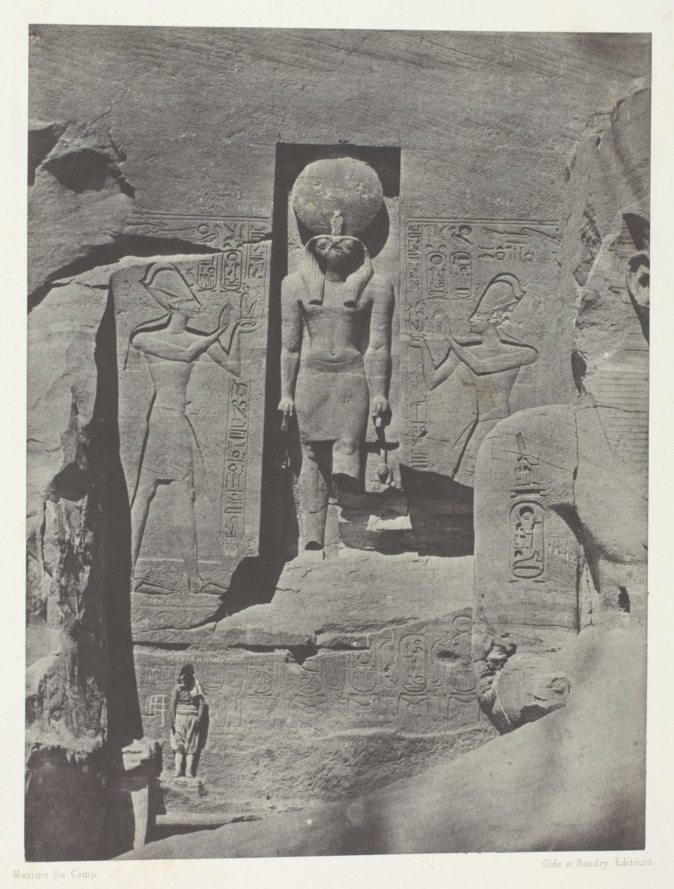 Ibsamboul, veistoksia Phrèn Spéosin sisäänkäynniltä, Nubia, levy 105 albumista "Egypte, Nubie, Palestine et Syrie" (1852). tekijältä Maxime Du Camp