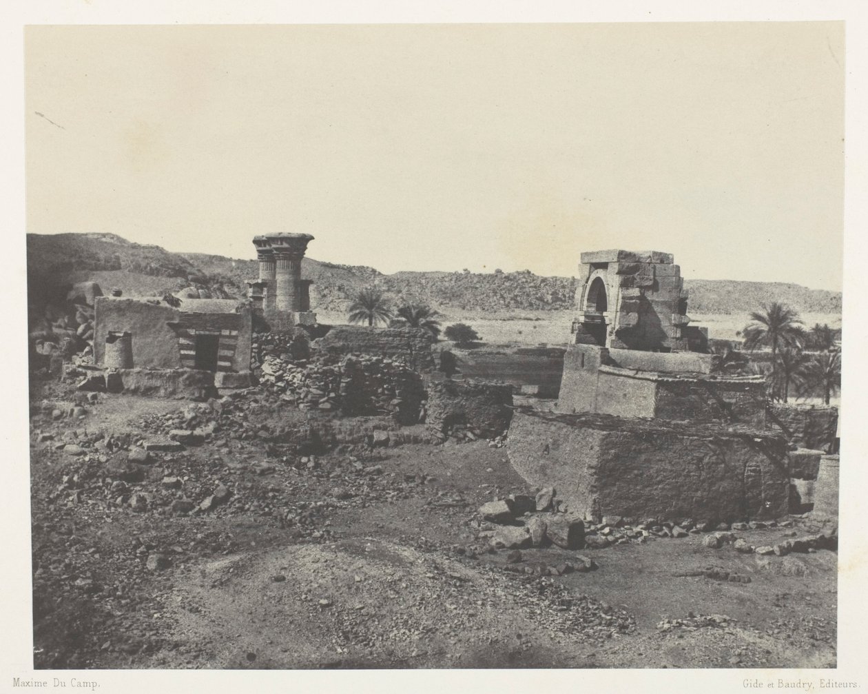 Kylä ja temppeli Beghen saarella, Philoen länsipuolella; Nubia, levy 81 albumista "Egypte, Nubie, Palestine et Syrie" (1852). tekijältä Maxime Du Camp
