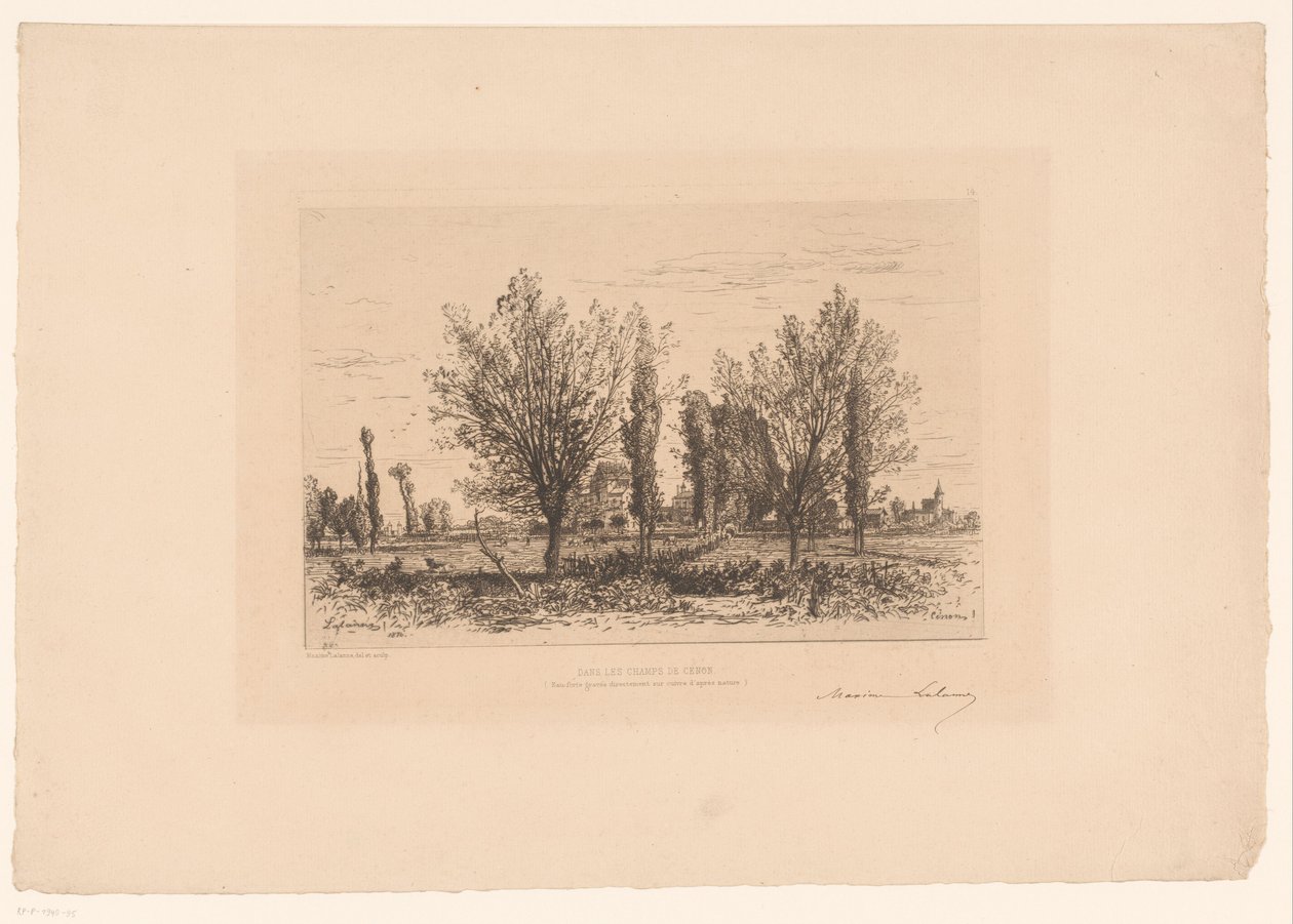 Maisema niityllä ja näkymä kaupunkiin Tanssi Les Champs de Cenon. (otsikko esineessä) tekijältä Maxime François Antoine Lalanne (signed by artist)