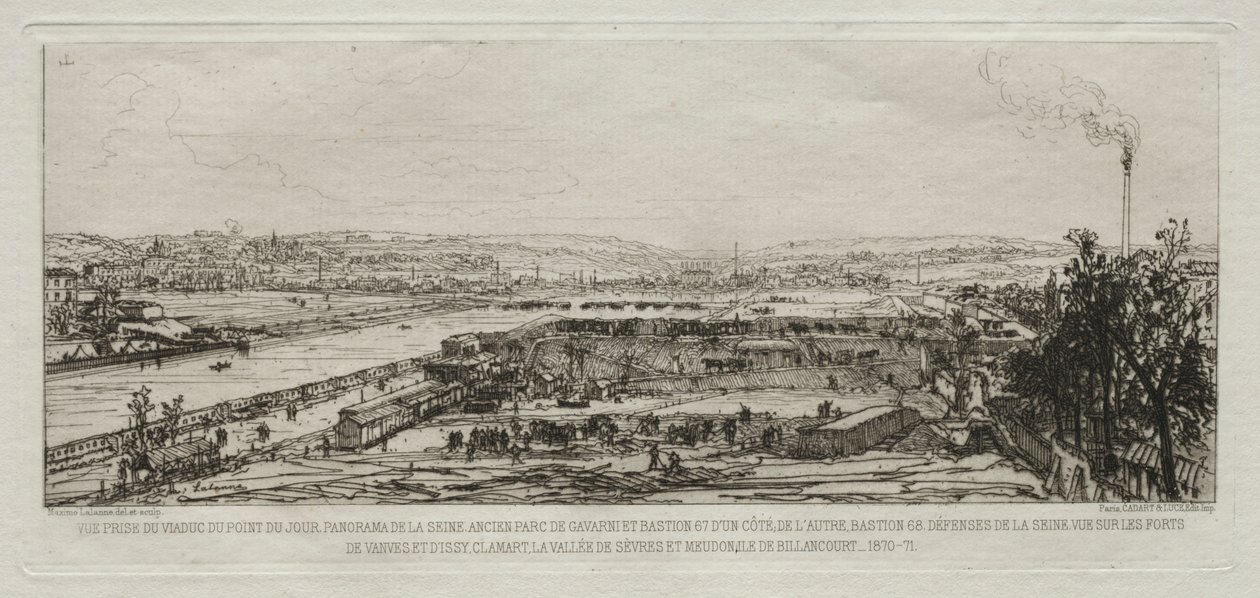 Taiteellisia muistoja Pariisin piirityksestä: Näkymä Pont-du-Jourin maasiltalta..., 1870-71. tekijältä Maxime Lalanne