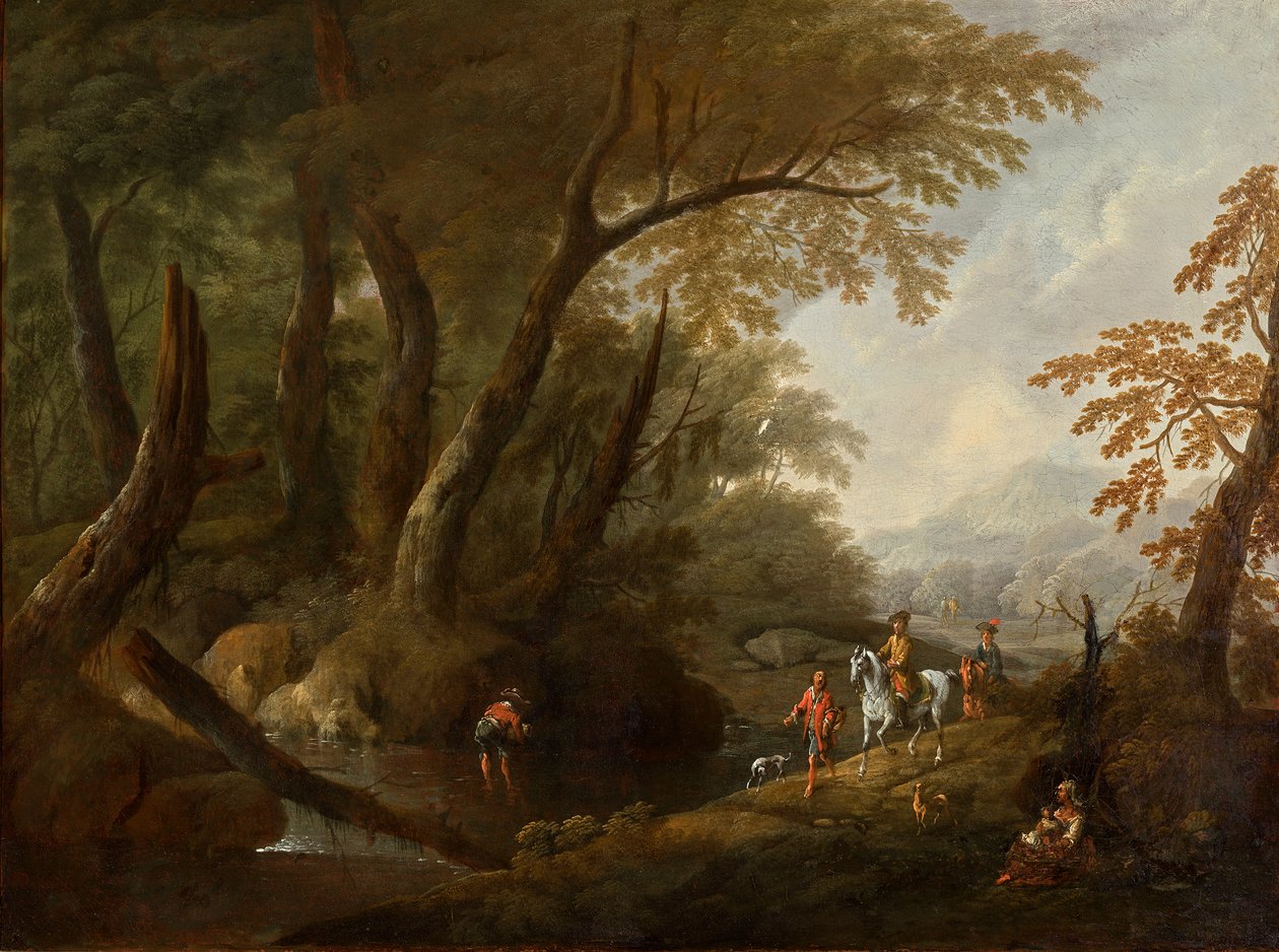 Metsämaisema, jossa vettä vasemmalla tekijältä Maximilian Joseph Schinnagl