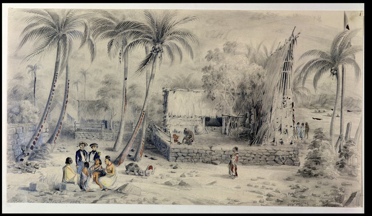 Intiaanikylä Tahitilla, noin 1841-48 (wc, lyijykynä ja muste paperille) tekijältä Maximilien Radiguet