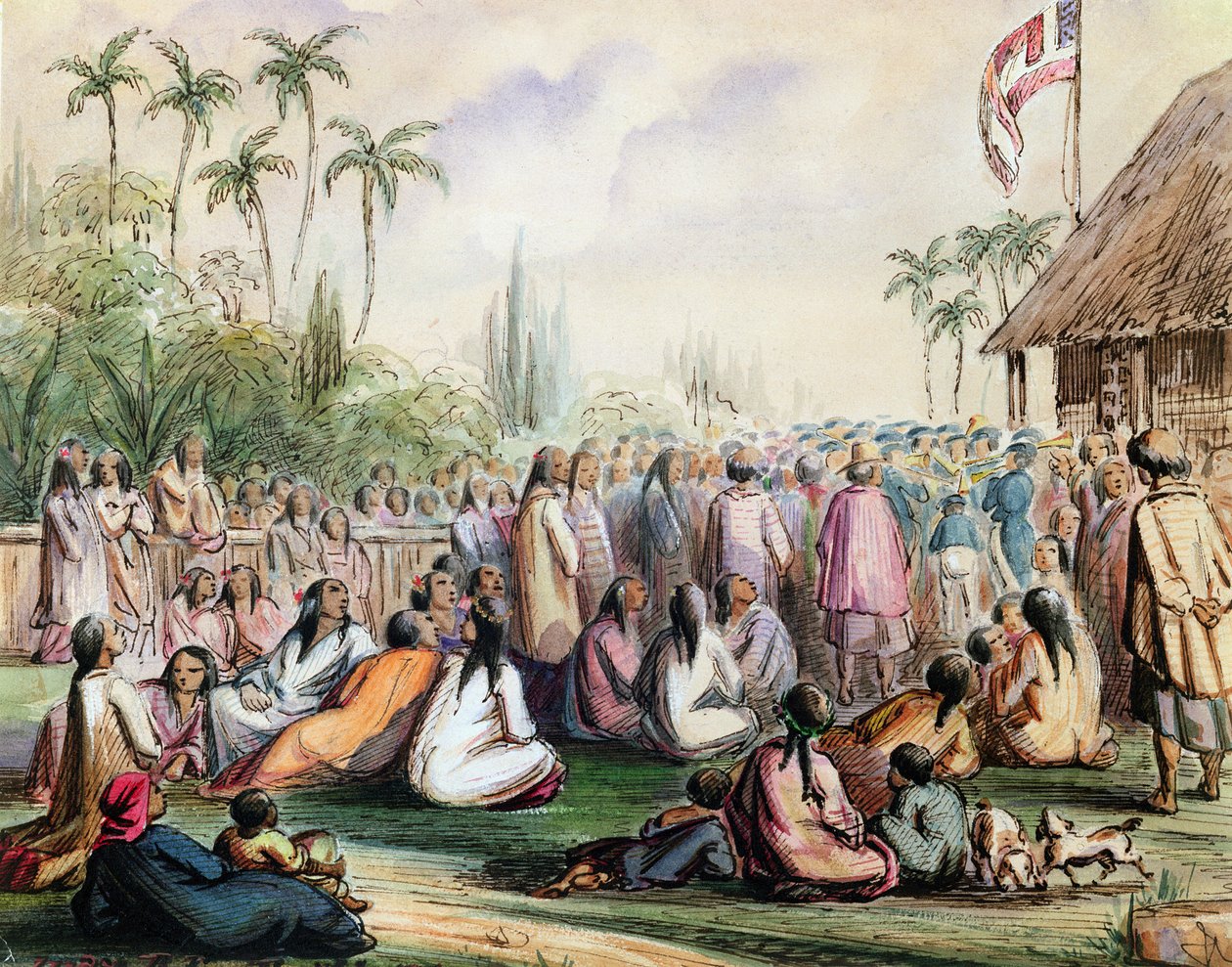 Ranskan protektoraatin paviljonki Tahitilla vuonna 1842, noin 1842-48 (wc ja muste paperille). tekijältä Maximilien Radiguet