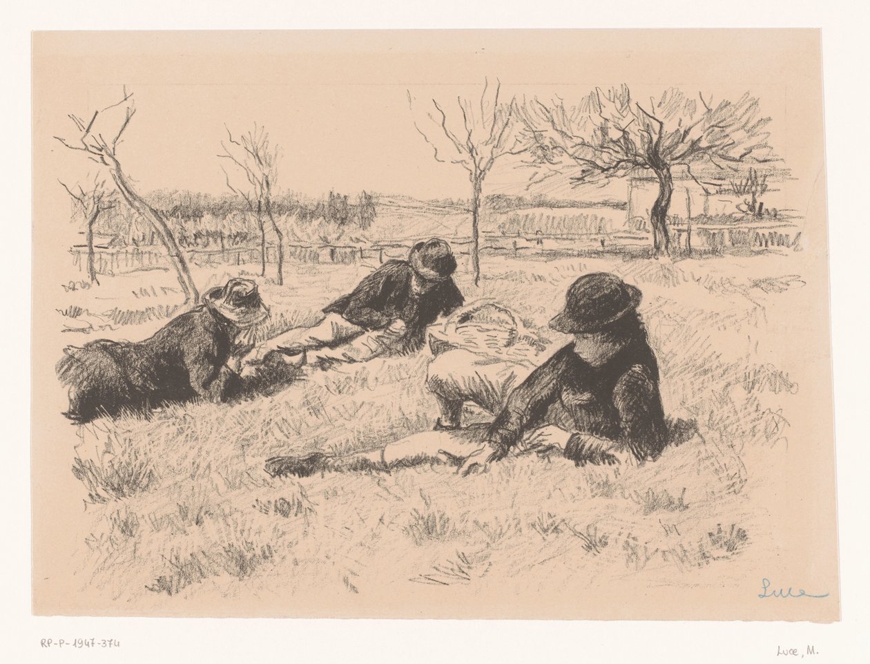 Kolme miestä lepää niityllä tekijältä Maximilien Luce (signed by artist)
