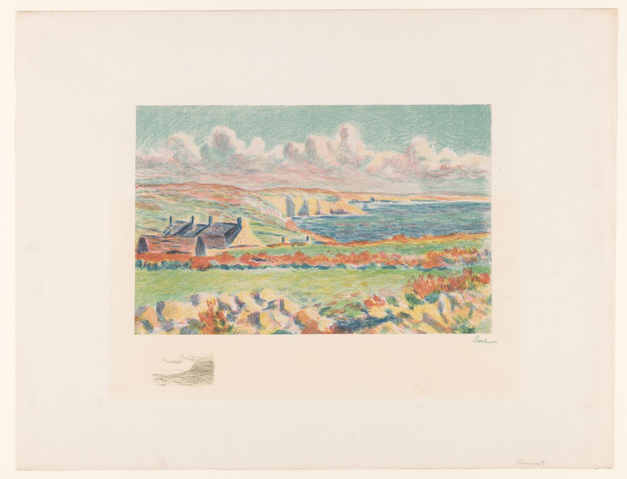 Rannikkomaisema taloineen Camaret (alkuperäinen nimi) tekijältä Maximilien Luce (signed by artist)