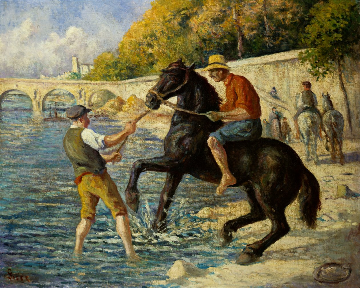 Hevosten uiminen Seinessä, 1910 tekijältä Maximilien Luce