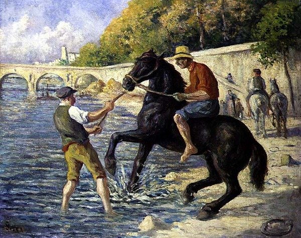 Bathing the Horses, n. 1910 (öljy kankaalle) tekijältä Maximilien Luce