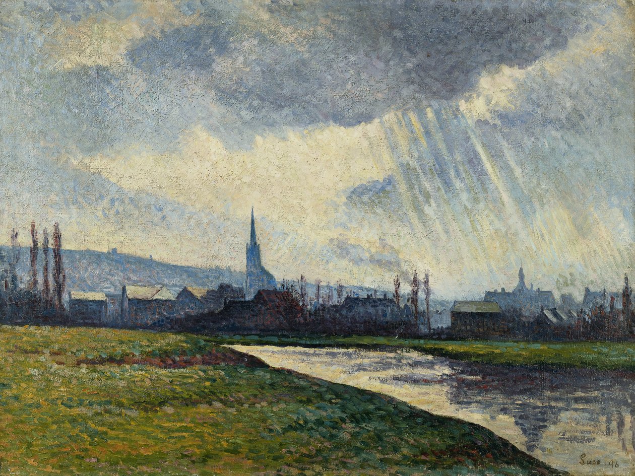 Couillet, Charleroi, Maisema joen varrella; Couillet, Charleroi, Maisema joen reunalla, 1896 tekijältä Maximilien Luce