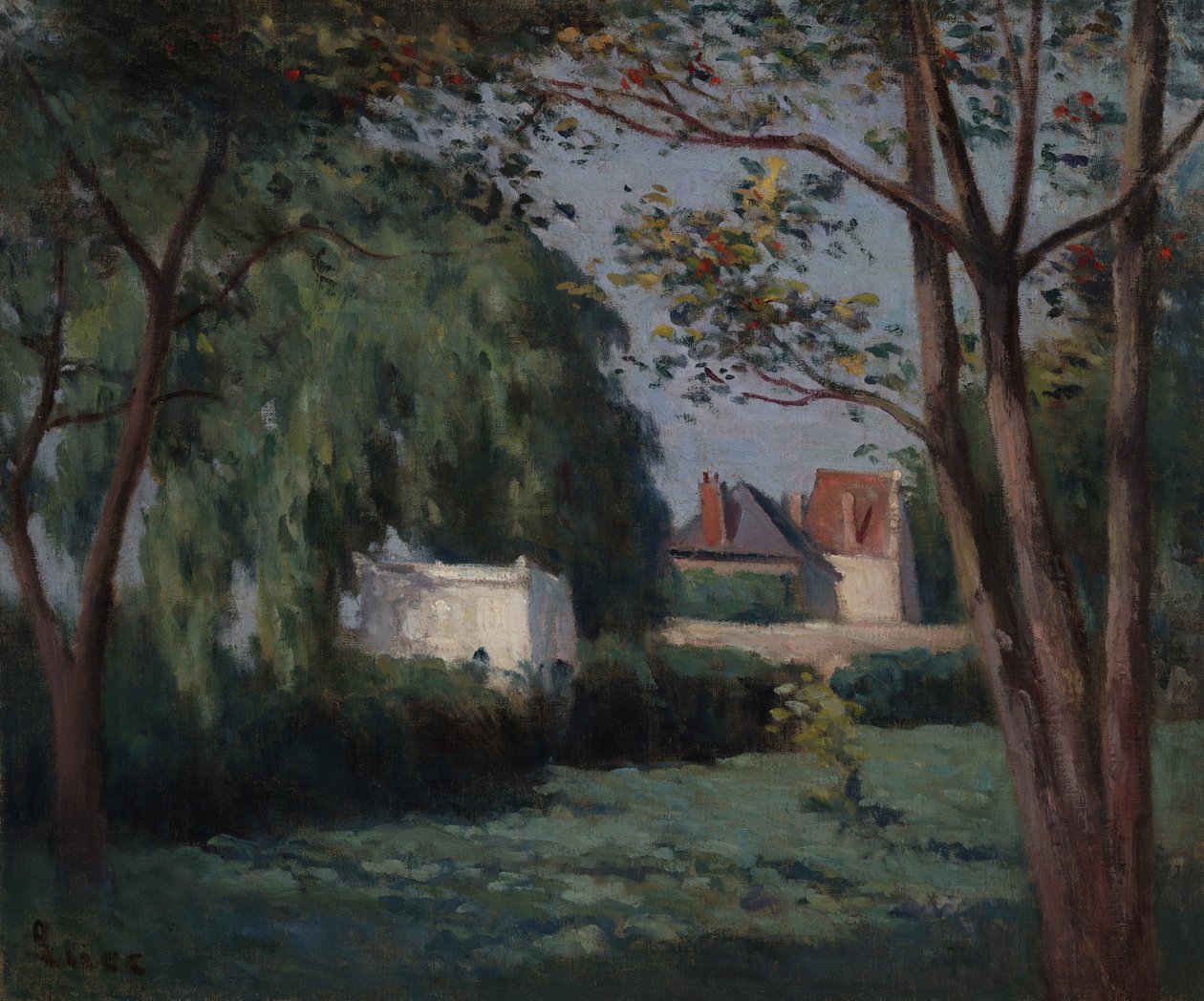 Maaseutumaisema kolmella talolla ja puulla tekijältä Maximilien Luce