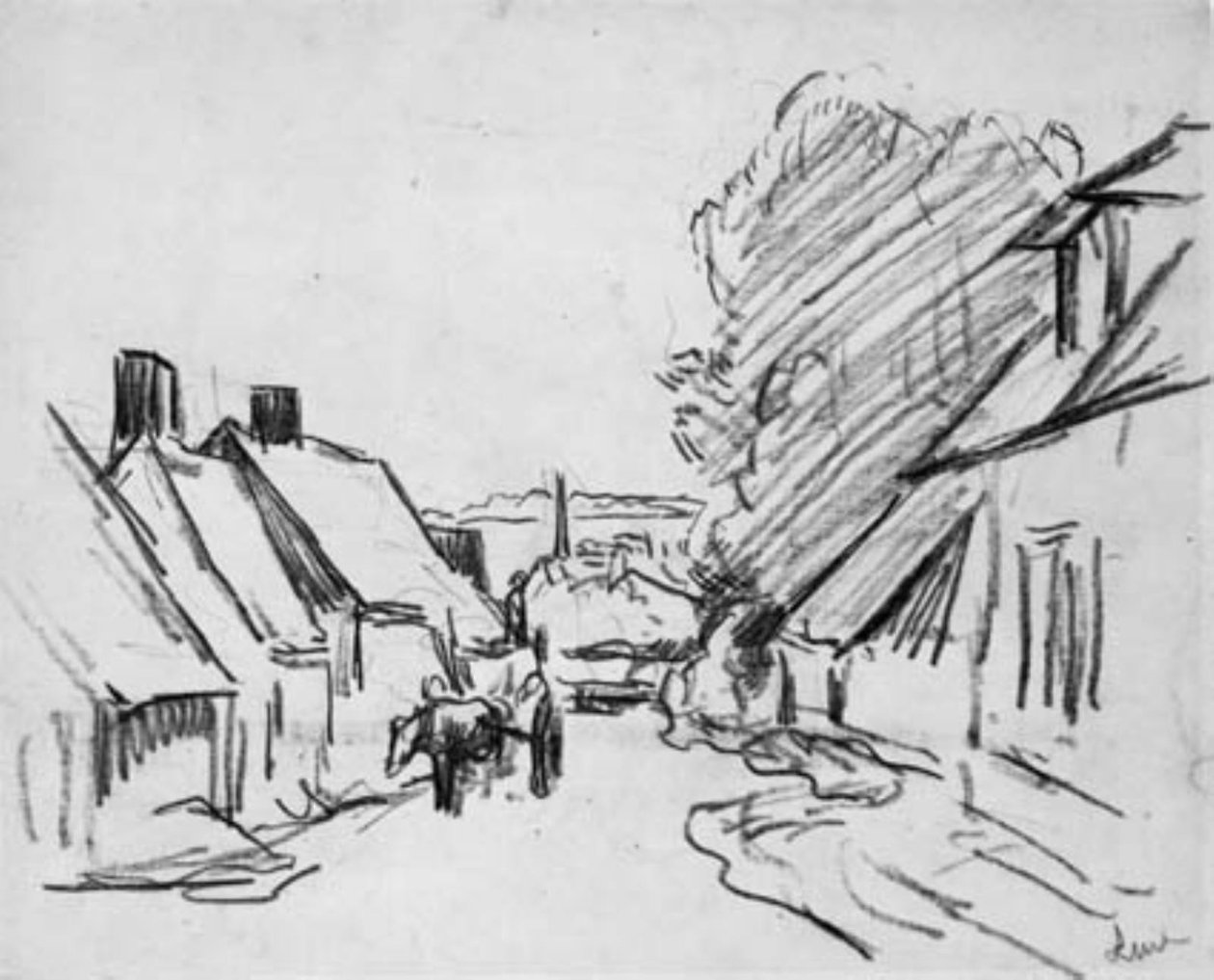 Kyläkatu hevoskärryillä. Éragny-sur-Epte (?) tekijältä Maximilien Luce