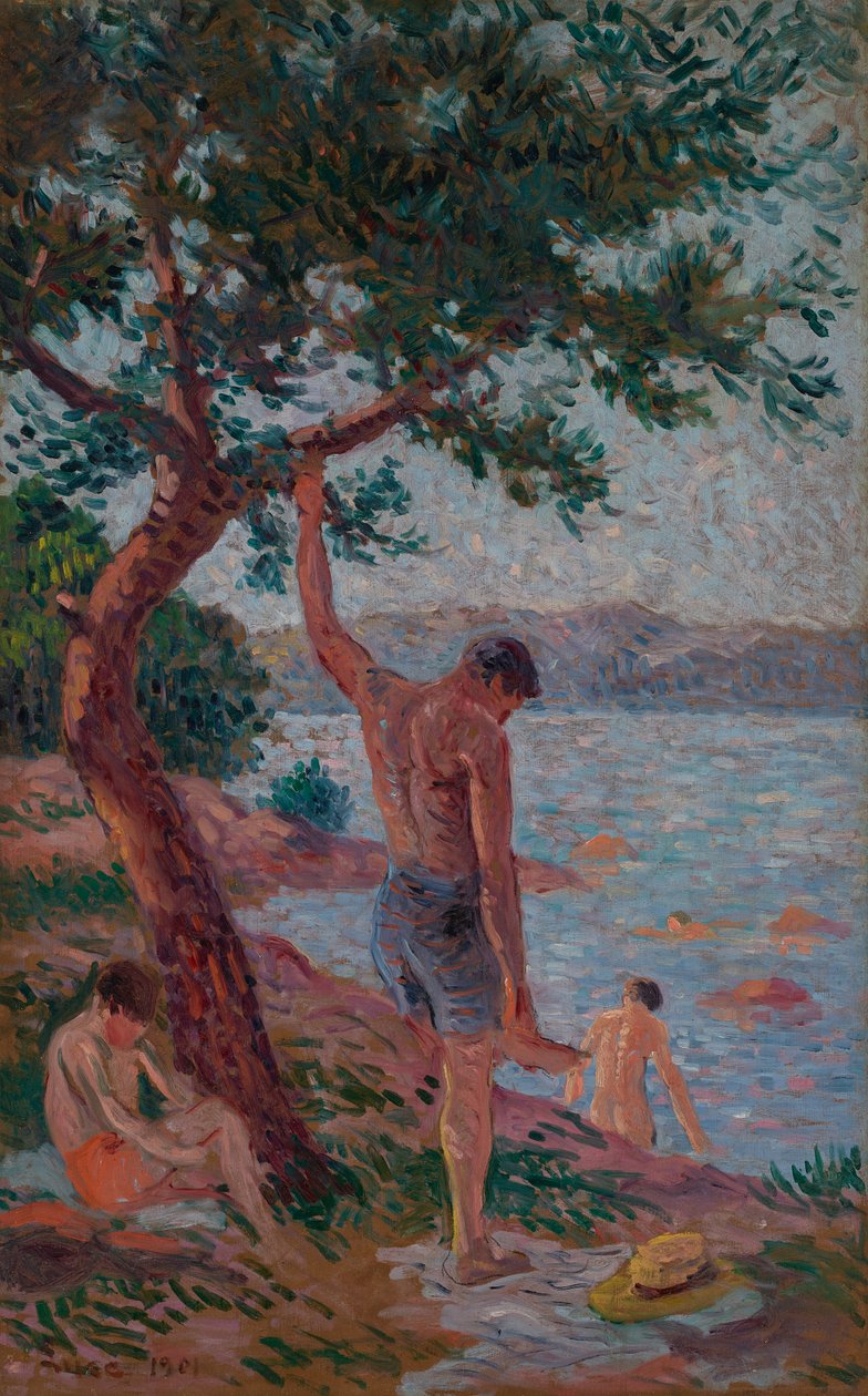 Saint-Tropez, uimareita mäntymetsän alla tekijältä Maximilien Luce
