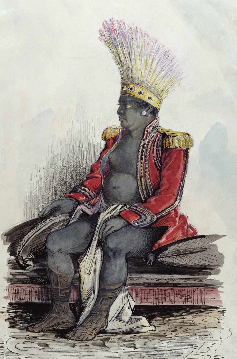Kuningas Te Moana Nuku-Hivan saarella pukeutunut ranskalaisen everstin univormuun, n. 1841-48 (kynä, muste ja wc paperilla) tekijältä Maximilien Radiguet