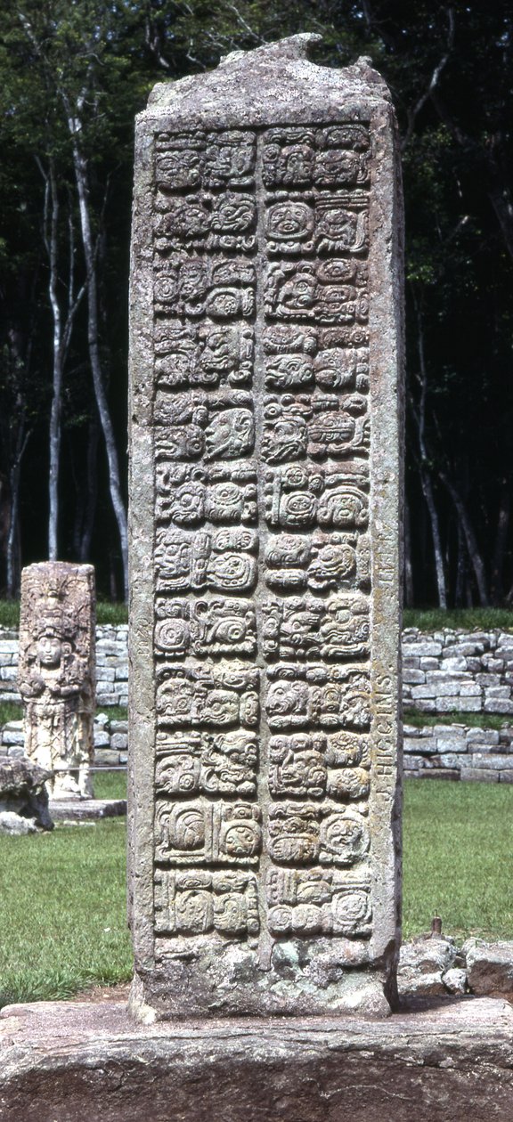Stela A:n takaosa, Copan, myöhäinen klassikkokausi, n. 730 jKr tekijältä Mayan