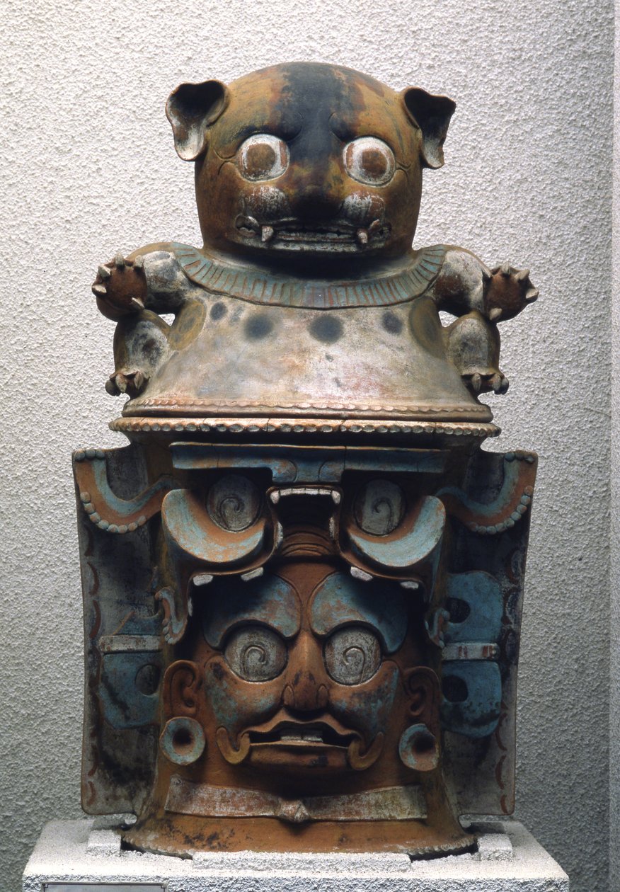 Ixil-hautauurna kissan kannella, Nebaj, Guatemala, Late Classic Period (900-1200) (monivärinen keramiikka) (katso myös 238288) tekijältä Mayan