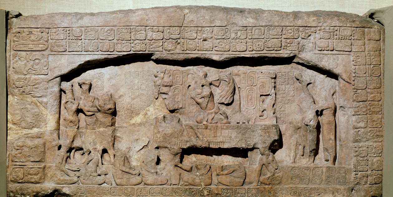 Lintel 3, Piedras Negras, Peten, Guatemala, myöhäinen klassikkokausi (600-900 jKr) tekijältä Mayan