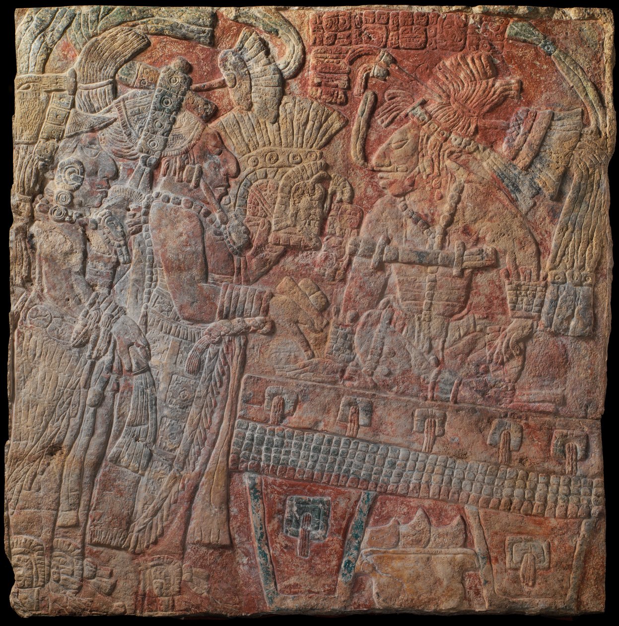 Reliefi, jossa on valtaistuin, n. 770 jKr. (maalattu kalkkikivi). tekijältä Mayan