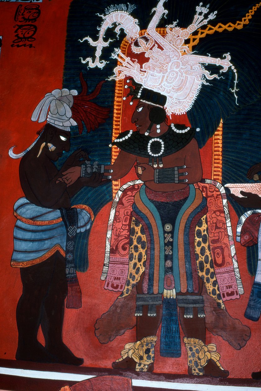 Jäljennös seinämaalauksesta, jossa palvelija pukee hallitsijaa seremoniaa varten, seinämaalausten temppelistä, Bonampak (seinämaalaus) tekijältä Mayan