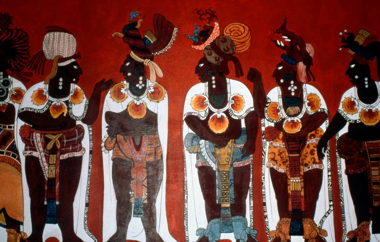 Jäljennös seinämaalauksesta, jossa näkyy seremoniaan pukeutuneita jalomiehiä, seinämaalausten temppelistä, Bonampak (seinämaalaus) tekijältä Mayan