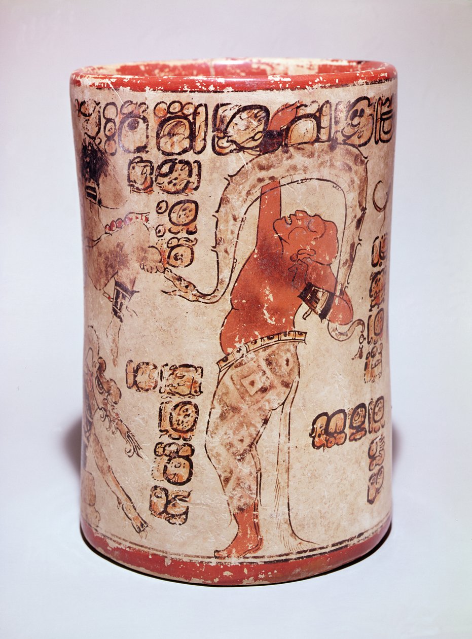 Purkki, joka kuvaa miestä tanssimassa käärmeen kanssa, löydetty haudasta Altar de Sacrificiosista, klassisesta Mayasta (keramiikka) (katso myös 351822) tekijältä Mayan