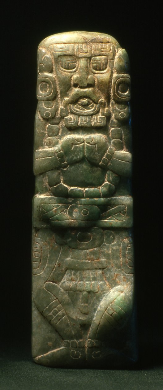 Hieroglyfiportaiden alas vievään vihkimykseen sijoitettu pienoispatsas, Copan, myöhäisklassinen kausi (600-900) (jade). tekijältä Mayan