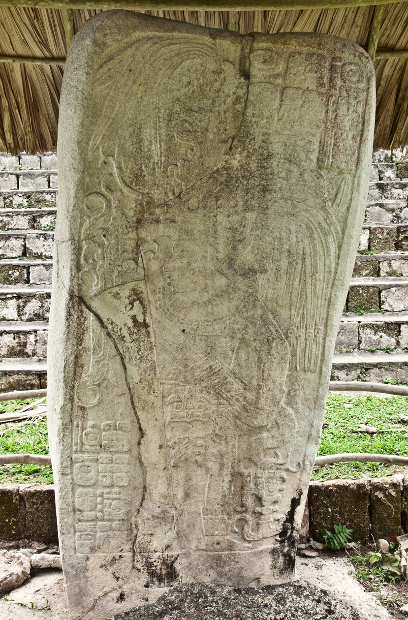 Stela 9, joka kuvaa Ajb’alun Haab’tal Wat’ul K’atelia, Terminal Classic Kingiä Seibalista, Guatemalassa, juhlistaen 9. Katunin päättymistä jKr. 849 tekijältä Mayan