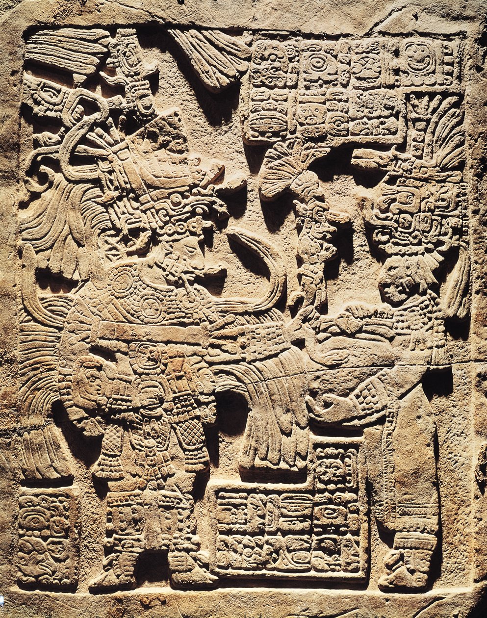 Stela, joka kuvaa ylipappia ja naista, Yaxchilanista tekijältä Mayan